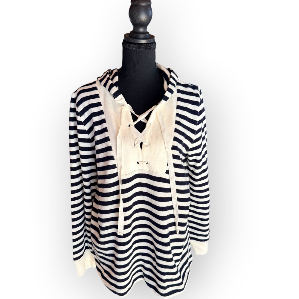 LOFT Navy Blue Striped Lace Up Hoodie L NWT Nautical Terry Cotton Pullover Top